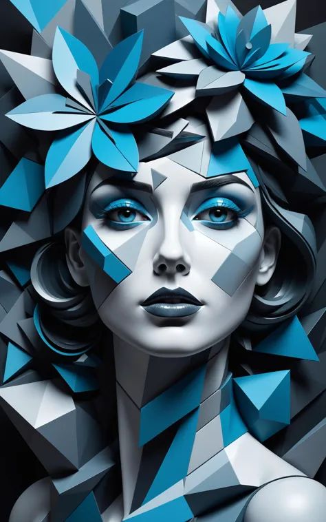 Woman enhanced with a thoughtful floral structure, shrouded in the multi-faceted planes unique to Cubism, digital art, zbrush technique, monochromatic presentation of dark gray against splashes of compelling azure, facial elements presented with exactness, progressive layout and composition, prismatic hues, advanced configurations, fulfillment in 4k resolution.<lora:xl_more_art-full_v1:0.5>