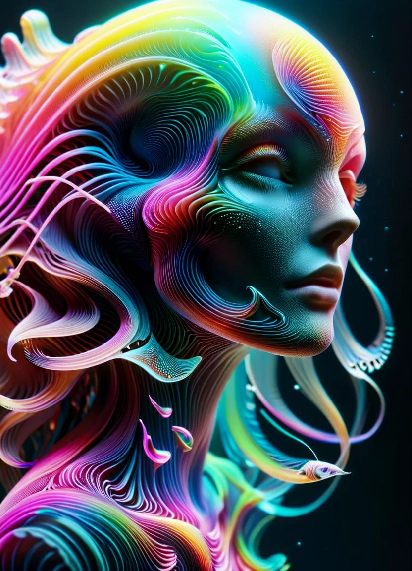 Goddess close-up portrait, jellyfish, nautilus, orchid, skull, beta fish, bioluminescent creatures, intricate artwork  ral-czmcrnbw   g1h3r  ral-3dwvz, subsurface scattering, Photorealistic, Hyperrealistic, analog style, realistic, film photography, soft lighting, heavy shadow, Ombre color scheme of neon pink, neon blue, neon yellow, neon green,