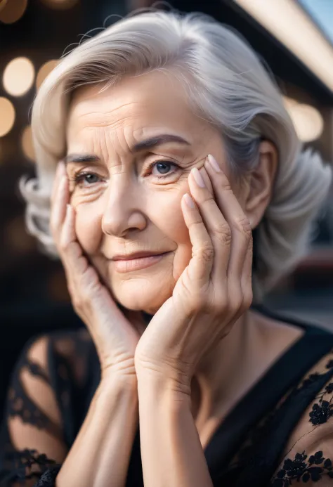 a professional glamour minimalist style photo of the elderly woman, overcome with sorrow, covers her face.her hands clutching her cheeks. Photorealistic, Hyperrealistic, Hyperdetailed, film noir, analog style, hip cocked, demure, low cut, black lace, detailed skin, pores, smirk, smiling eyes, matte skin, outdoor cafe, masterpiece, best quality, photograph, face focus, sharp focus, photography, photorealism, photorealistic, soft focus, volumetric light, simple, clean, uncluttered, modern, elegant, high quality, soft cinematic light, dramatic atmosphere, atmospheric perspective, raytracing, subsurface scattering,