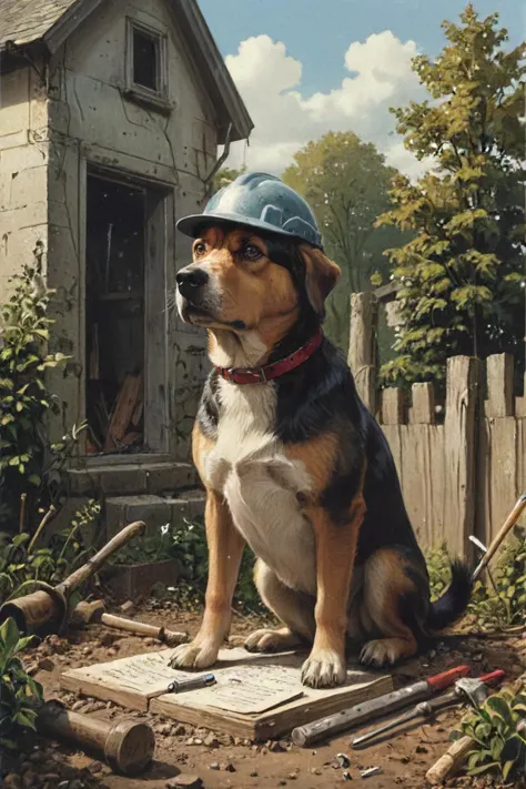 quite suspicious construction-worker doggo woofer o_O  with hammer and nails, confused on how to build a house in the garden by ...