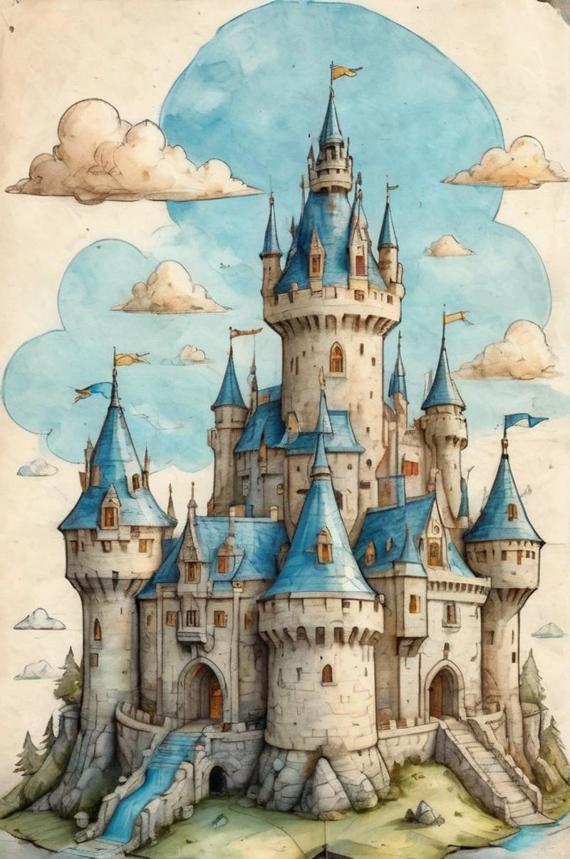 on parchment,
blue sky, ((low view, from below)), Hand drawn illustration of a castle with detailed schematics of rooms and layout, detailed drawings cross section concept sheet sketch, cloud, cloudy sky, day, fantasy, mountain, no humans, outdoors, scenery, sky, sunset, tower