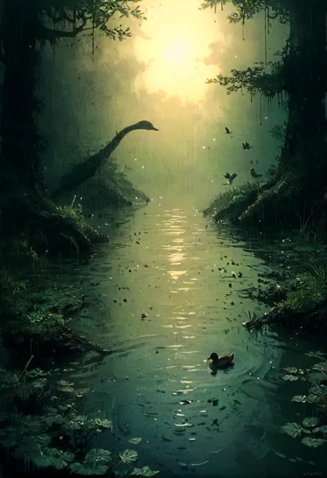 ascii_art, the failure of a tiny travelling duckling tilt broken to an endless pond drifting in an infinite serene forest, intri...