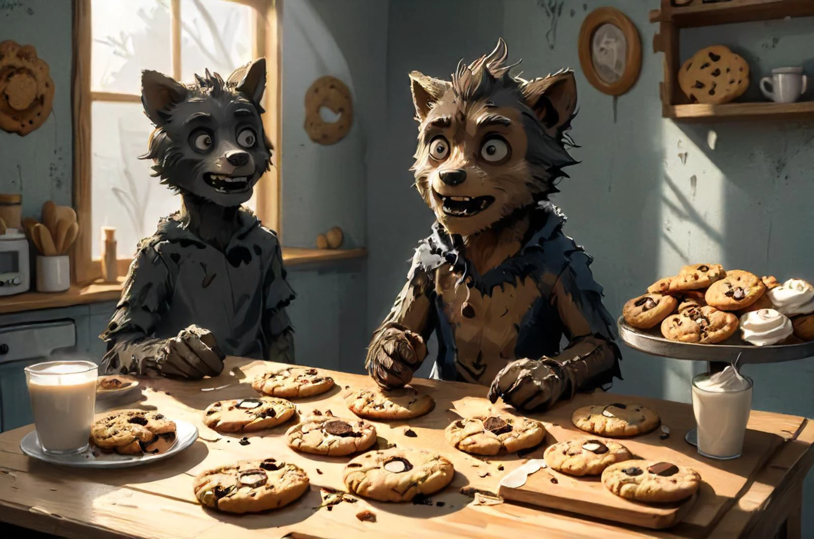 friendly werewolf offering cookies, bakery, self-made, mess, detailed shadows, questionable source,  