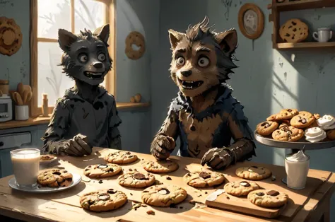 friendly werewolf offering cookies, bakery, self-made, mess, detailed shadows, questionable source,  <lora:- SDXL - creature_var...