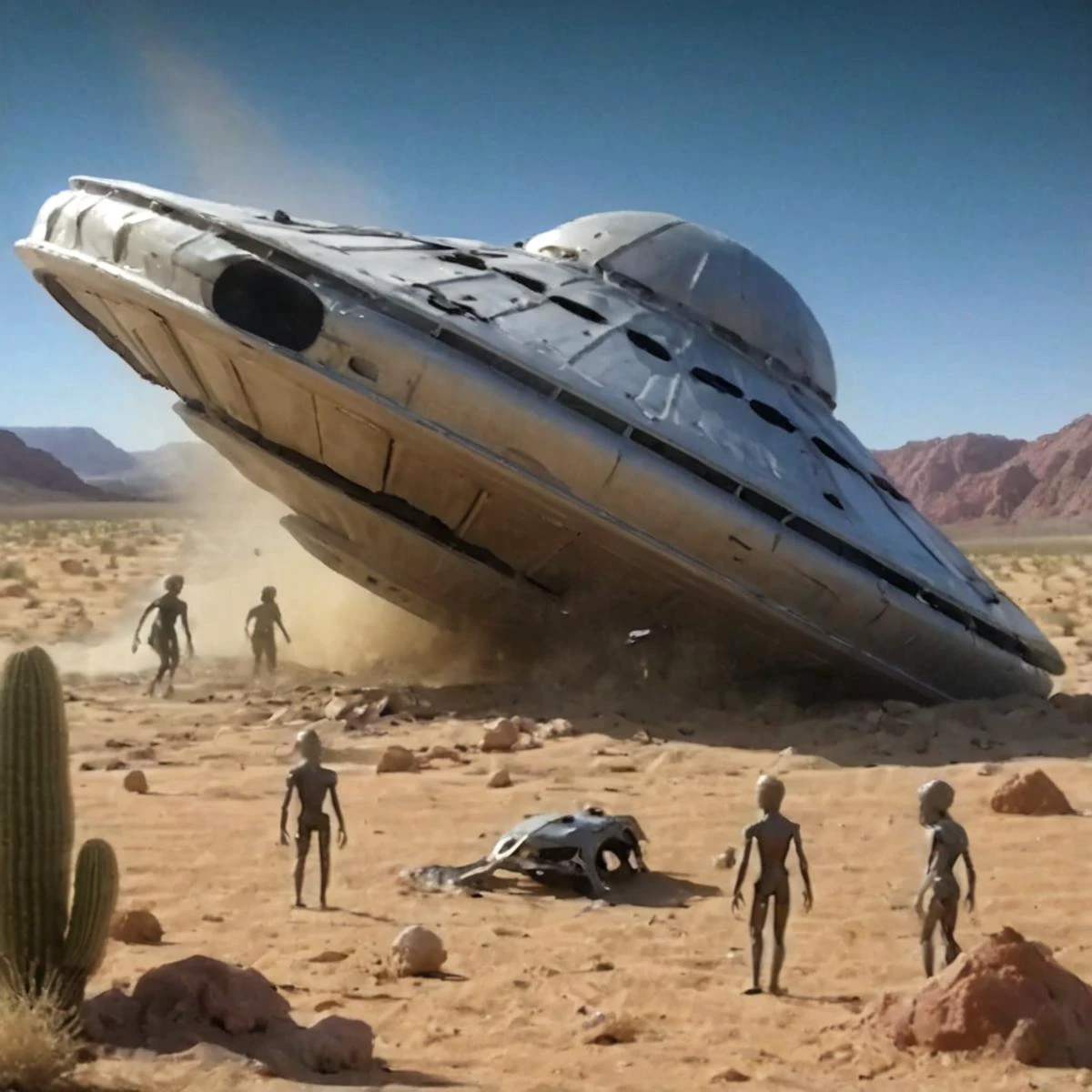 aliens standing in desert, crashed ufo, vhslora