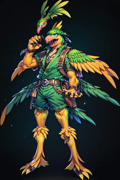 <lora:SuperSmashBrosUltimate:0.8> SmashBros Ultimate Style, open mouth, blue eyes, simple background, 1boy, jewelry, green eyes, standing, full body, male focus, shorts, teeth, belt, necklace, bag, no humans, bird, animal, backpack, feathers, black background, claws, furry, black belt, yellow shorts, bear, beak, parrot