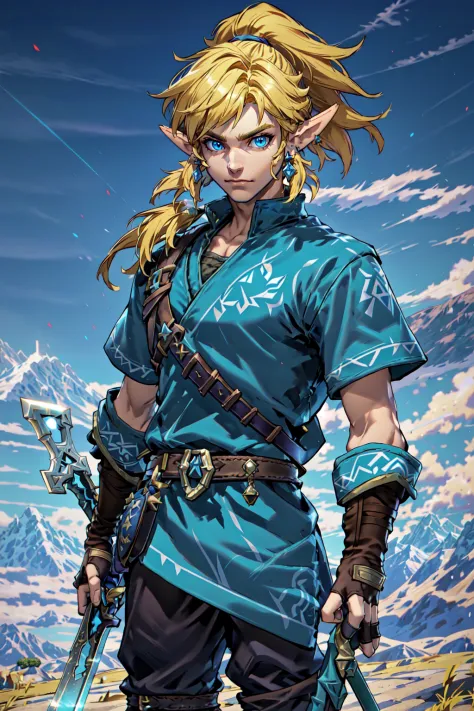 <lora:SuperSmashBrosUltimate:0.8> SmashBros Ultimate Style, solo, blue eyes, blonde hair, gloves, 1boy, holding, jewelry, ponyta...