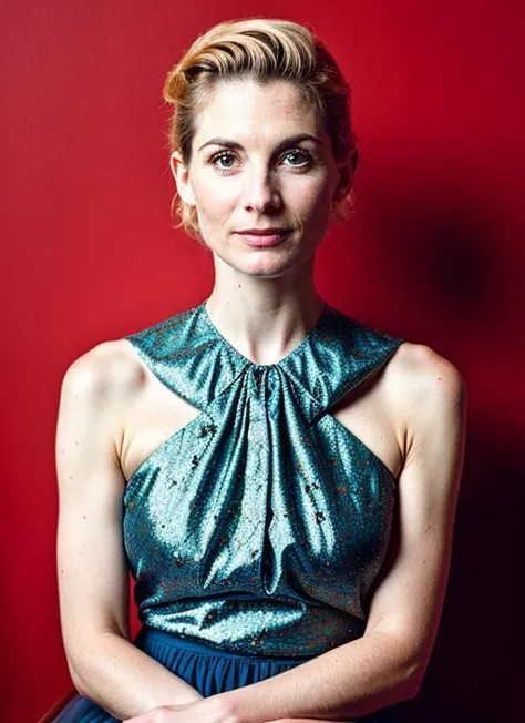 a woman in a blue dress sitting on a red chair