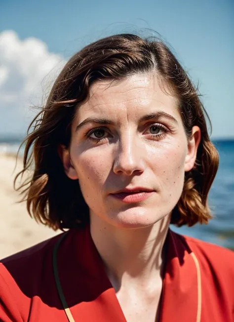 A stunning intricate color close up portrait of (sks woman:1) , wearing Sailor dress and wedges, epic character composition, sharp focus, natural lighting, subsurface scattering, f2, 35mm, film grain, , by Gerda Taro, <lora:locon_jodiewhittaker_v1_from_v1_64_32:1>