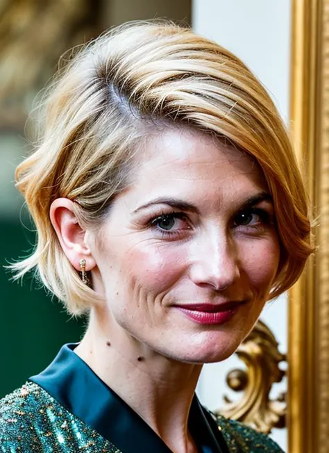 a close up of a woman with a short blond hair