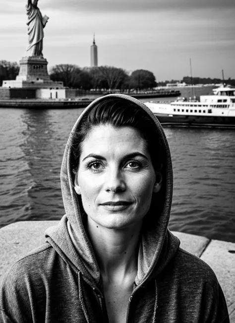 arafed woman in a hoodie standing in front of the statue of liberty