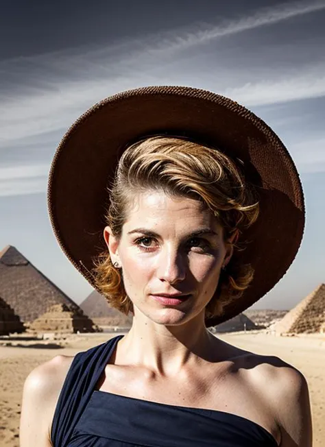 arafed woman in a hat standing in front of a pyramid