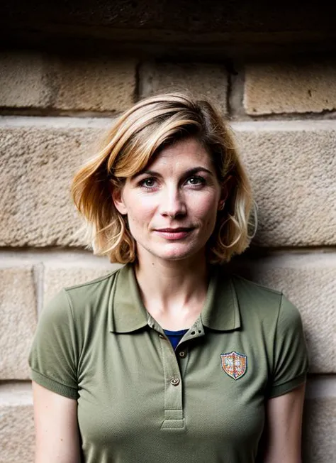 blond woman in green polo shirt standing against a brick wall