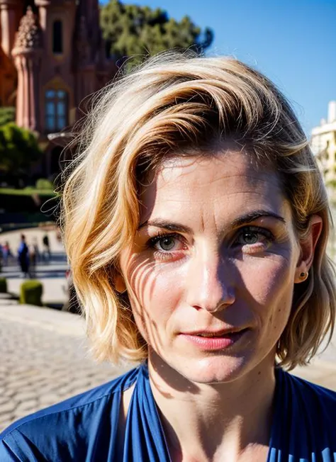 blond woman with blue shirt and blue shirt looking at camera