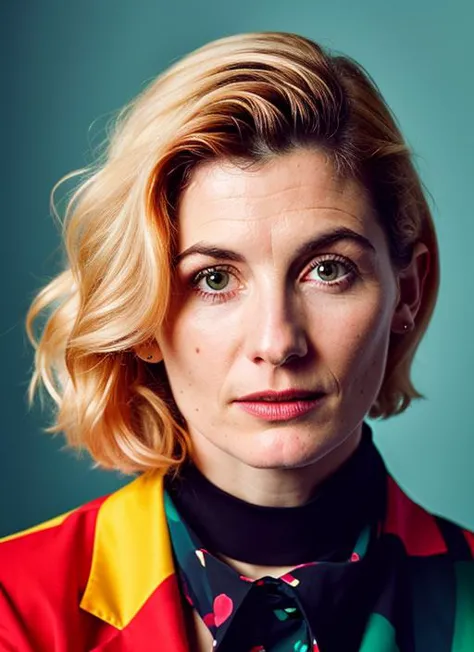 arafed woman with a colorful shirt and tie looking at the camera