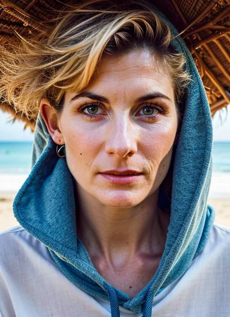 arafed woman with a straw hat on her head on the beach