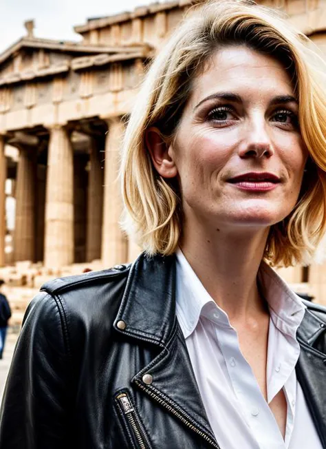 a close up of a woman in a leather jacket standing in front of a building