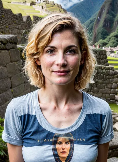 arafed woman in a t - shirt standing in front of a stone wall