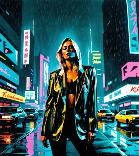 (Maria Sharapova,a girl with a beautiful face), nighttime, cyberpunk city, dark, raining, neon lights, ((Wearing a blazer over a...