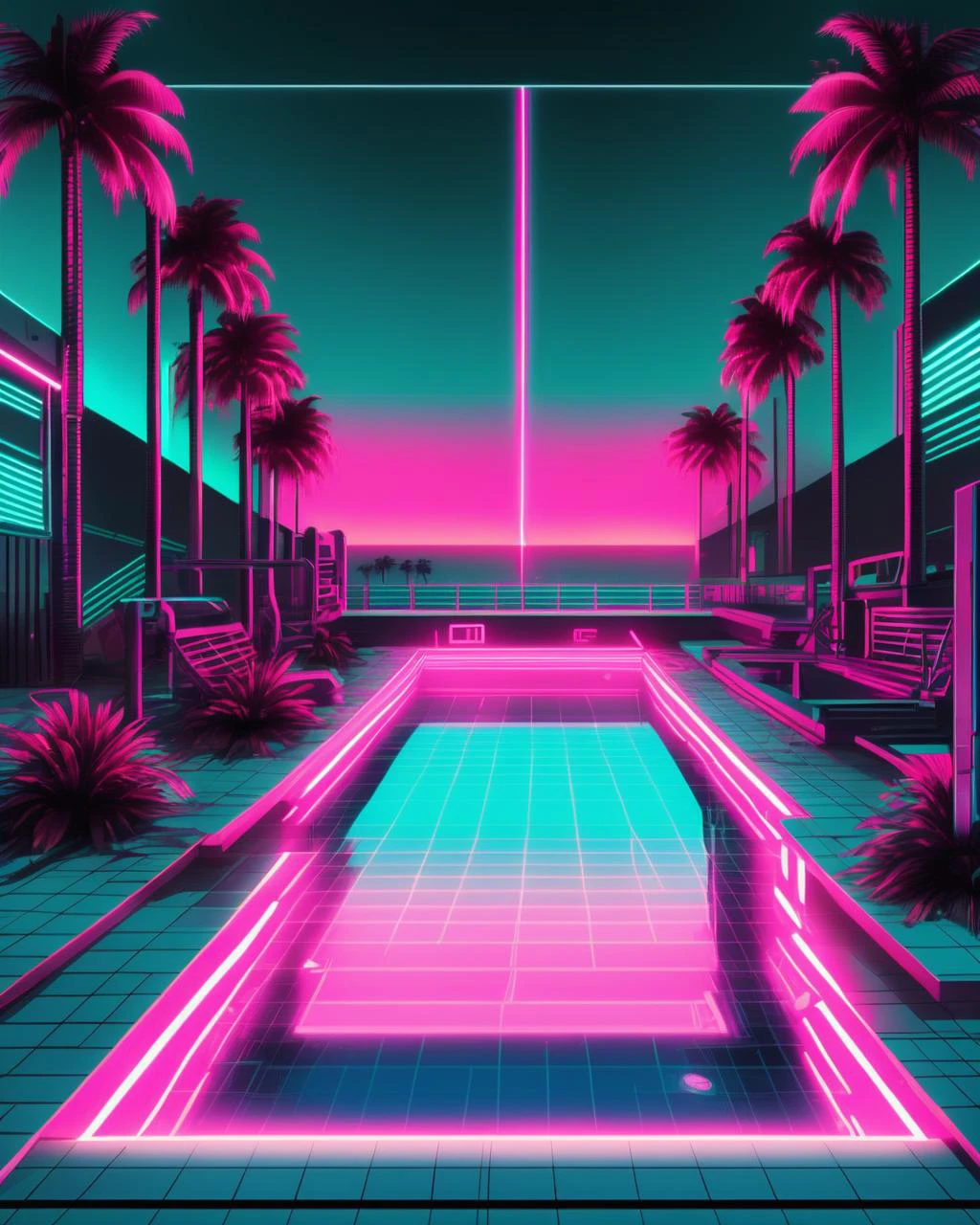 cyberpunk graphics, (( a pool with palm trees and a neon light ))