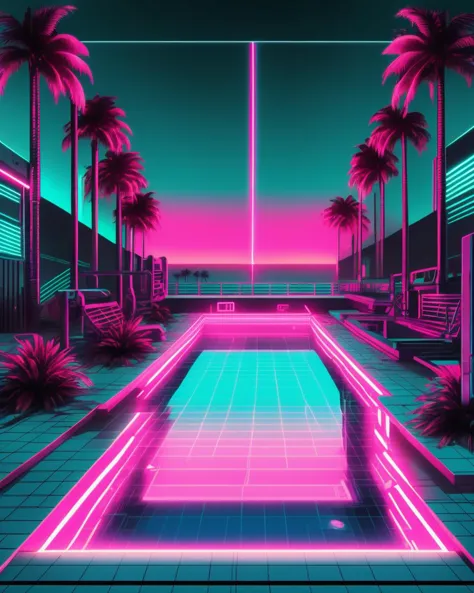 cyberpunk graphics, (( a pool with palm trees and a neon light ))<lora:cybergraphic_sdxl:1.0>