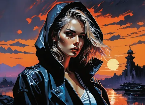 (a girl with a beautiful face), nighttime, cyberpunk city, dark, raining, neon lights ((,Wearing a blazer over a hoodie)), blaze...