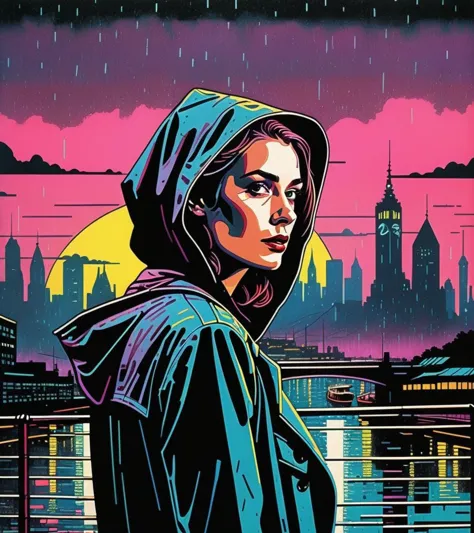 (Claire Danes,a girl with a beautiful face), nighttime, cyberpunk city, dark, raining, neon lights, ((Wearing a blazer over a ho...