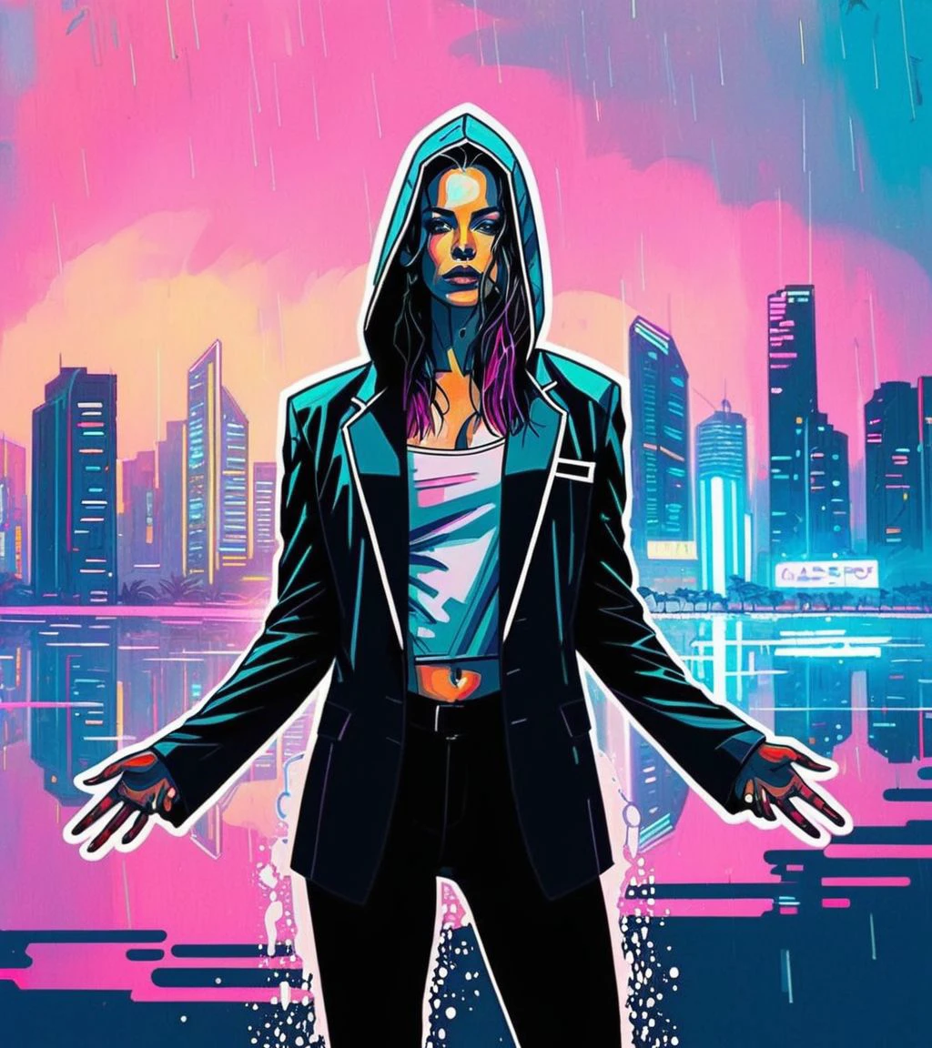(Evangeline Lilly,a girl with a beautiful face), nighttime, cyberpunk city, dark, raining, neon lights, ((Wearing a blazer over a hoodie)), blazer, hoodie,(cyberpunk 2077 cityscape), (pastel colors ), cyberpunk 2077, cyberpunk, synthwave, 1980s, futurism, brutalism, neuromancer, cinematic photo,, lunging at the viewer,,walking out of clear Caribbean water onto a beach,waist deep in mud,Radial balance, Sunrise, Water, Ellipse, ultra detailed, intricate,,art by Agnes Cecile