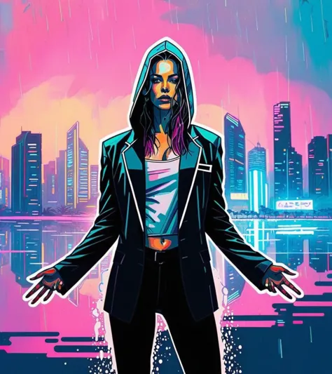 (Evangeline Lilly,a girl with a beautiful face), nighttime, cyberpunk city, dark, raining, neon lights, ((Wearing a blazer over a hoodie)), blazer, hoodie,(cyberpunk 2077 cityscape), (<lora:cybergraphic_sdxl:0.5>,<lora:pastel_colors_xl_v1:0.5> pastel colors ), cyberpunk 2077, cyberpunk, synthwave, 1980s, futurism, brutalism, neuromancer, cinematic photo,, lunging at the viewer,,walking out of clear Caribbean water onto a beach,waist deep in mud,Radial balance, Sunrise, Water, Ellipse, ultra detailed, intricate,,art by Agnes Cecile