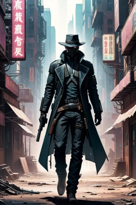 An west comics style illustration of a cyberpunk showdown, gunslinger dressed like (in a wild west:cyberpunk:0.6) movie, tense a...