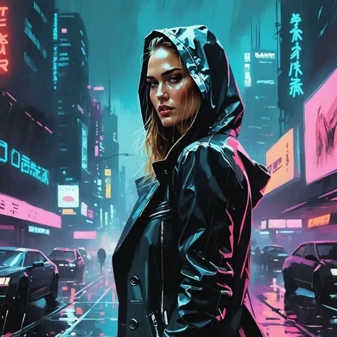 (Bar Refaeli,Une fille avec un beau visage), la nuit, ville cyberpunk, sombre, il pleut, néons, ((Wearing a blazer over a sweatshirt à capuche)), blazer, sweatshirt à capuche,(Paysage urbain Cyberpunk 2077), (dieselpunkai ,), cyberpunk, synthwave, années 1980, Futurisme, brutalisme, neuromancien, Photo cinématographique, illustration de Jakub Rozalski, 1920+ Pologne,pastels, clair-obscur