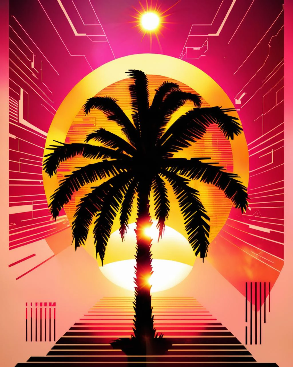 cyberpunk graphics, (( eine Palme mit der Sonne im Hintergrund ))