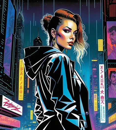 (Mariah Carey,a girl with a beautiful face), nighttime, cyberpunk city, dark, raining, neon lights, ((Wearing a blazer over a ho...