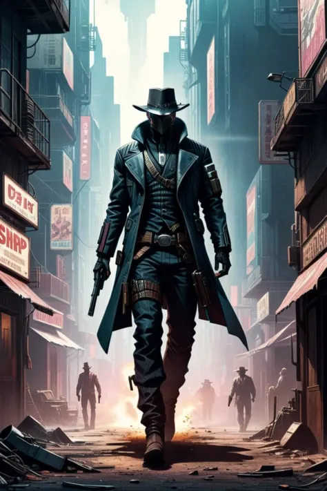 An west comics style illustration of a cyberpunk showdown, gunslinger dressed like (in a wild west:cyberpunk:0.6) movie, tense a...