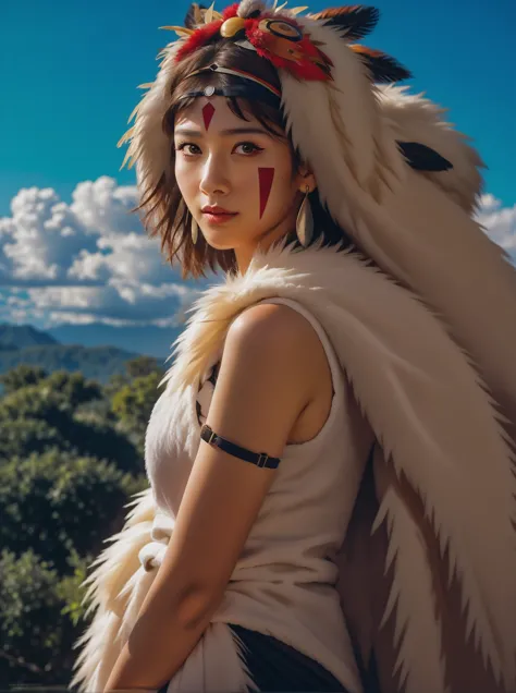 a close up of a woman wearing a feather headdress and a white vest