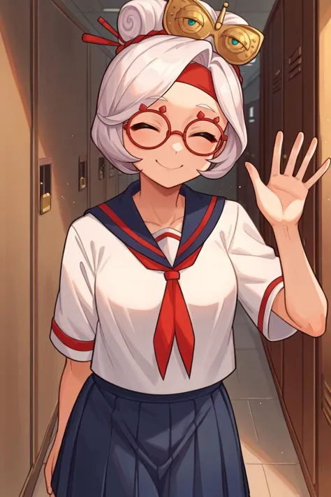 anime girl in a school uniform waving her hand