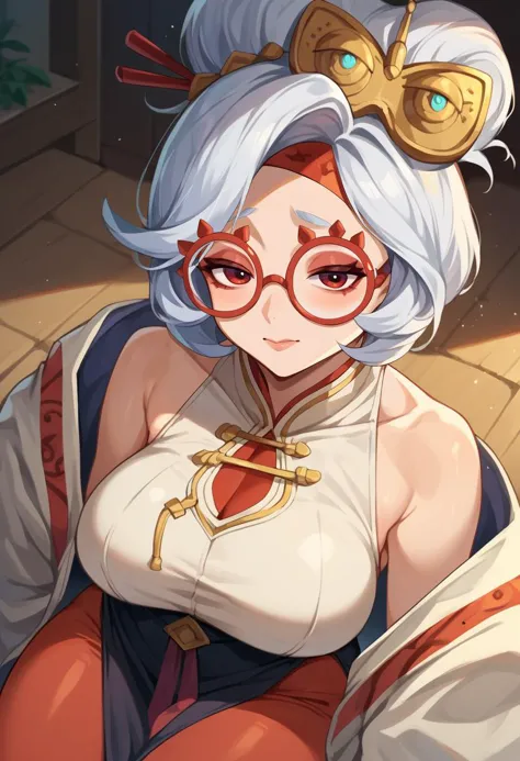 score_9, score_8_up, score_7_up, score_6_up, score_5_up, score_4_up, BREAK mature female, <lora:purah-pdxl-nvwls-v1:.95> purah, hair ornament, red headband, red glasses, sleeveless shirt, white coat, black skirt, red leggings, gloves,  rating_questionable, bad ,