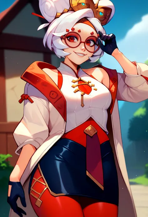 score_9, score_8_up, score_7_up, solo, 1girl, purah, smile, looking at viewer, standing, hair ornament, red headband, red glasses, sleeveless shirt, white coat, black skirt, red leggings, gloves, outdoors <lora:purah-pdxl-nvwls-v1:0.9> <lora:style_qt0ri_ponyXL:1>