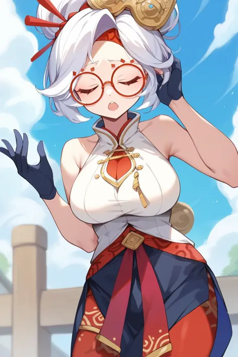 score_9, score_8_up, source_anime, masterpiece, best quality, 1girl, solo,  <lora:purah-pdxl-nvwls-v1-000005:1> purah, hair ornament, red headband, red glasses, sleeveless shirt, black skirt, red leggings, gloves, (large breasts:0.8), closed eyes, sighing,...