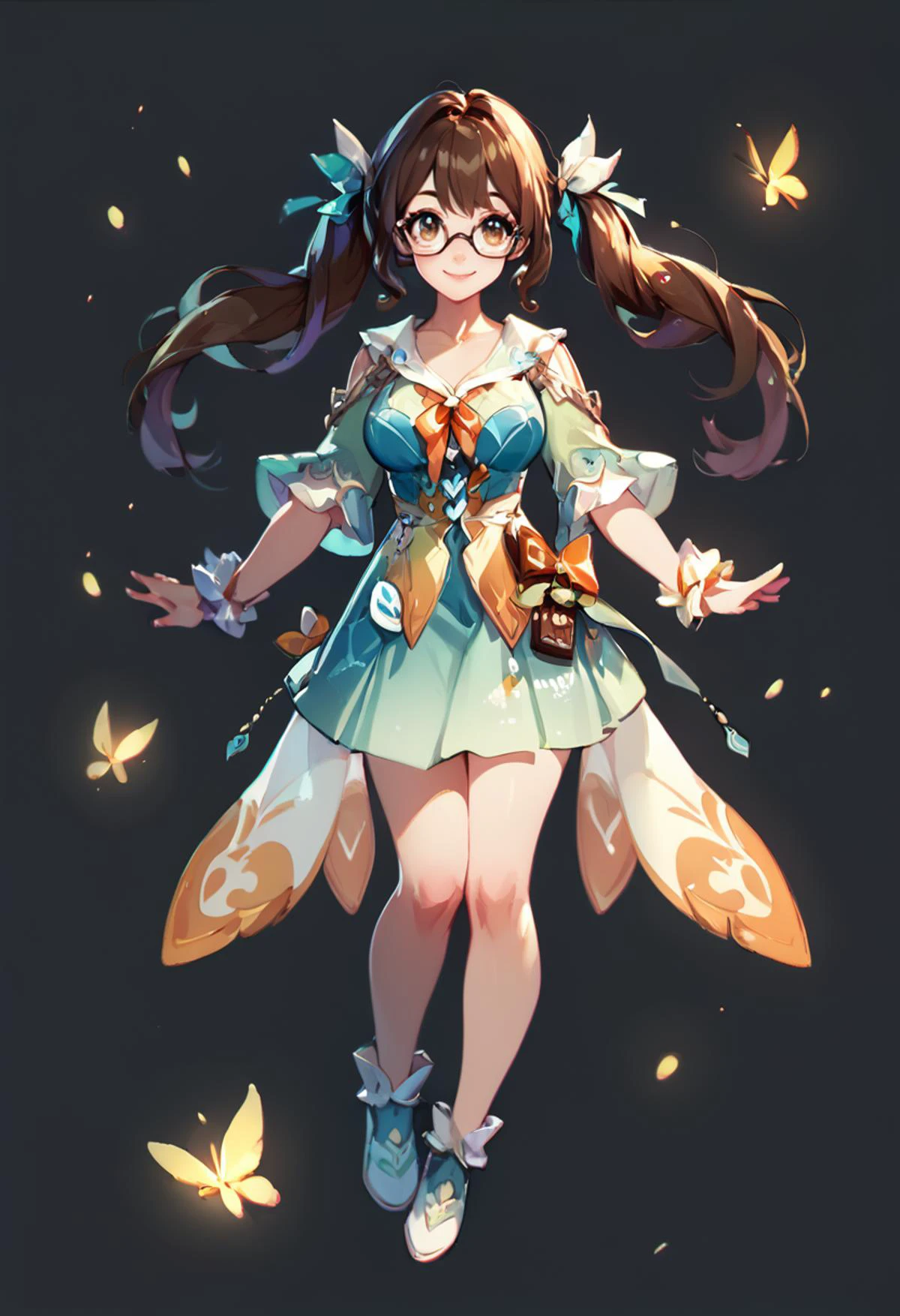 score_9, score_8_up, score_8, medium breasts, cute, eyelashes, hairstyle with two ponytails, full length, Firefly
solo, smiling, looking at viewer, fair skin, brown eyes, chocolate hair, glasses
black background,   