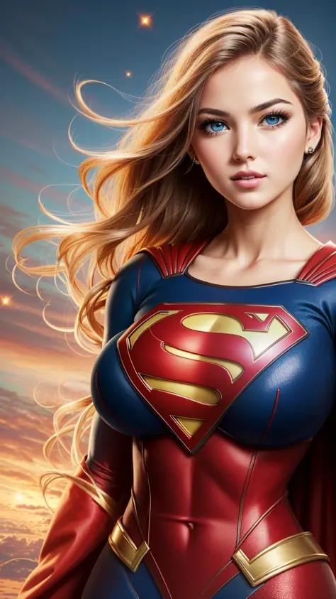 photo portrait of  the Supergirl, colorful, realistic round eyes, dreamy magical atmosphere, superheroine costume,  (large breasts:1.3),