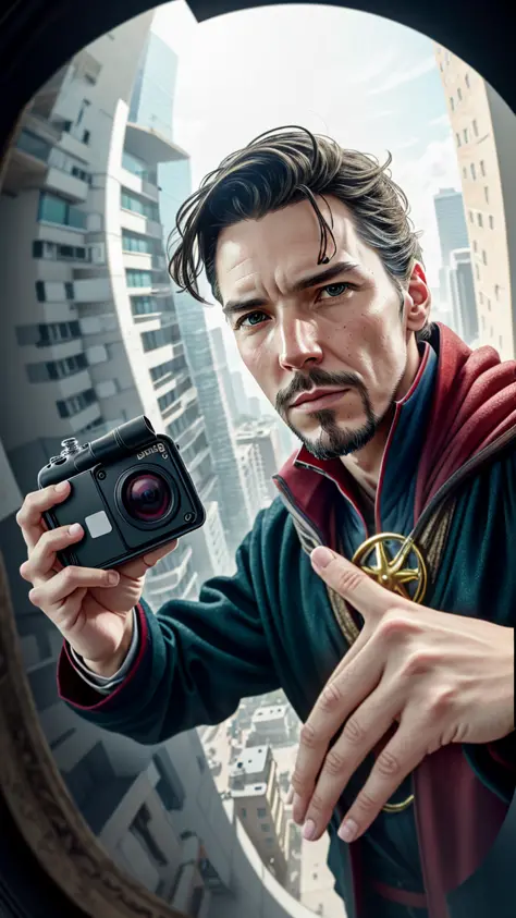 (detailed:1.15), 
Doctor Strange taking a selfie with a GoPro on top of a building on  palace , fish eye lens, high detail, ultra realistic, cinematic lighting, portrait painting, photorealistic, Color Grading, portrait Photography, hyper - detailed, beaut...