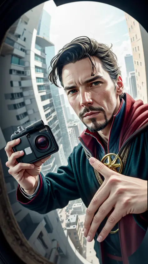 (detailed:1.15), 
doctor strange taking a selfie with a gopro on top of a building on  palace , fish eye lens, high detail, ultr...