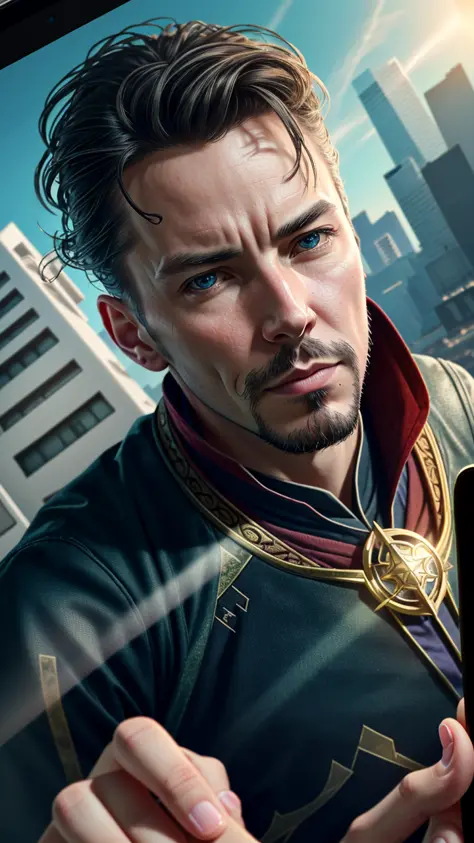 (detailed:1.15), 
Doctor Strange taking a selfie with a iphone on top of a building on palace , fish eye lens, high detail, ultra realistic, cinematic lighting, portrait painting, photorealistic, Color Grading, portrait Photography, hyper - detailed, beaut...