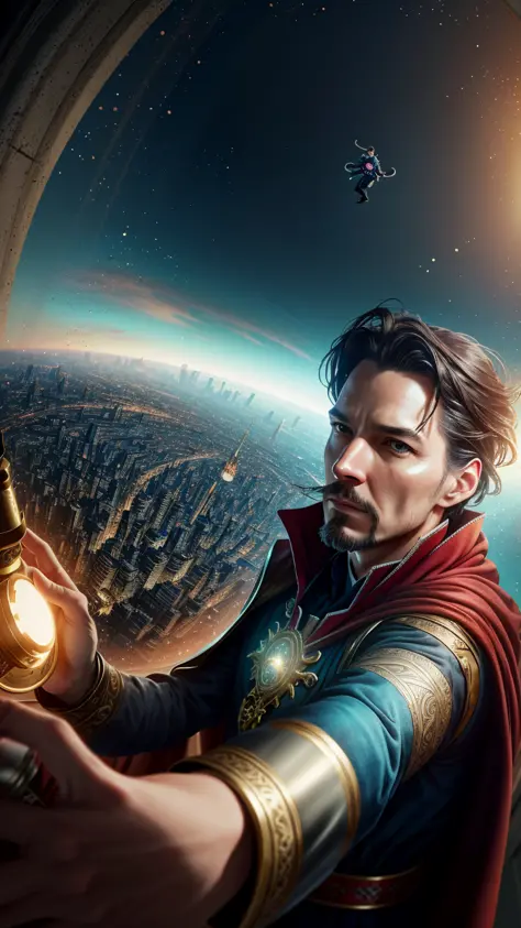 (detailed:1.15), 
Doctor Strange taking a selfie with a iphone on top of a building on palace , fish eye lens, high detail, ultra realistic, cinematic lighting, portrait painting, photorealistic, Color Grading, portrait Photography, hyper - detailed, beaut...