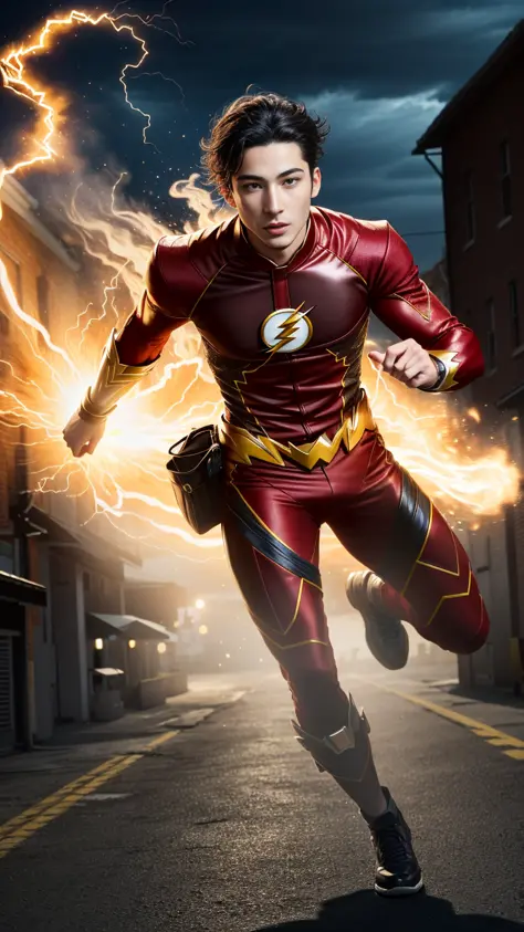 (best quality:1.33), (masterpiece:1.42), (realistic:1.24), (detailed:1.15), , high contrast and dynamic pose, movement,  energy, smoke, mist, wind, energy from body, speed, running, 
Generate an image of Ezra Miller as the Flash with flashy, (intricate sui...
