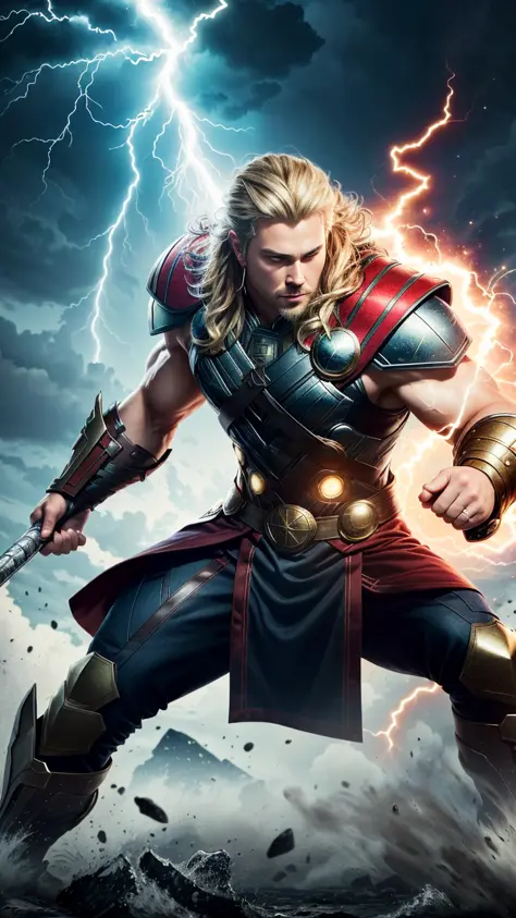 (best quality:1.33), (masterpiece:1.42), (realistic:1.24), (detailed:1.15), 
Generate an image of Thor with flashy, eye-catching special effects, like energy blasts or lightning bolts, in the style of Ross Tran,
professional photoshoot,  action shot,   cow...