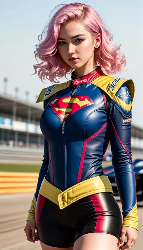 (best quality:1.33), (masterpiece:1.42),(photorealistic:1.3) (detailed:1.15),
the  supergirl on racetrack, neon pink hair, and s...