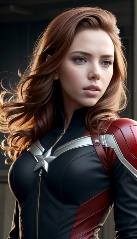 (obra maestra), (mejor calidad), (Fotorrealista:1.3), 8K, Textura de piel detallada, Textura de tela detallada, hermoso rostro detallado, detalles intrincados, ultra detallado, Scarlett Johansson, Black Widow al estilo del Capitán América, pelo rojo liso, (cuerpo completo:1.2)