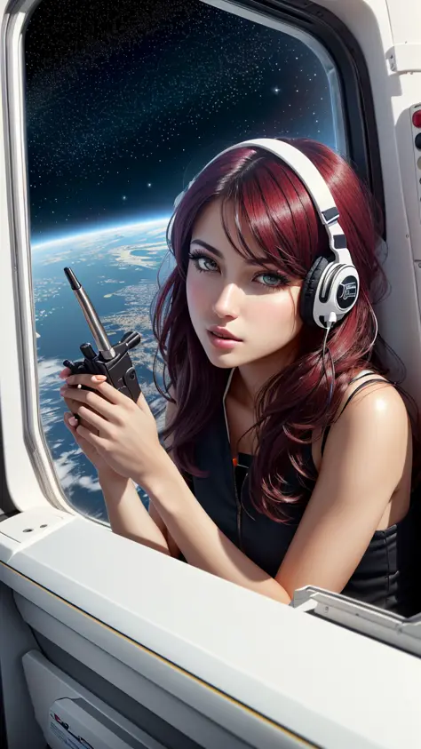 (best quality:1.3), (masterpiece:1.2), (realistic:1.2), (detailed:1.1), (Overhead view),dynamic angle,ultra-detailed, illustration, close-up, straight on, 1girl, the  magik , interface headset, Maroon hair , Layered haircut, Boyish body,  Kneeling pose, Her eyes shone like dreamy stars,(glowing eyes:1.1),(beautiful and detailed eyes:1.1),(expressionless,closed mouth),(standing), (mechanic room with tools machine guns  and spaceship window an epic space view outside the window in a white SPACESHIP), (night:1.2),dreamy, (delicate fingers and hands:0.55),(detail fingers),